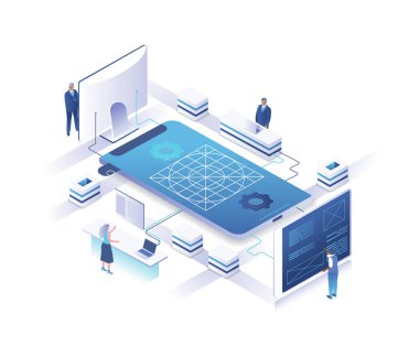 Mobil uygulama geliştirme izometrik iniş sayfası. Dev akıllı telefonun etrafındaki kontrol panellerinde duran küçük insanların uygulamaları ya da yazılımları geliştirdiği kavramı. Web sitesi için resim.