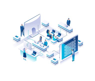 Ortak çalışma yeri ya da ortak ofis eşölçülü iniş sayfası. Masalarda oturan ve açık alanda dizüstü bilgisayarlar üzerinde çalışan çalışanlar, yöneticiler veya memurlar kavramı. Web sitesi için resim.