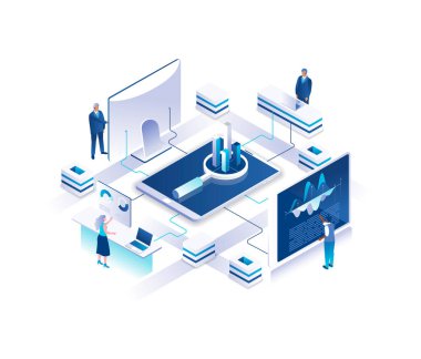 Veri analizi, istatistiksel ya da finansal analiz izometrik iniş sayfası. Merkezdeki diyagramın etrafına yerleştirilmiş dev bilgisayarlardaki bilgileri analiz eden küçük insanlarla kavram. Web sitesi için resim.