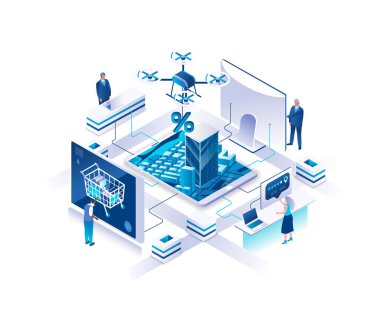İnternet mağazası indirimleri veya satışları için Isometric iniş sayfası, dijital perakende satış, elektronik alışveriş. Dev ekranlar kullanarak internetten güzel şeyler alan küçük insanlar kavramı. Web sitesi için resim.