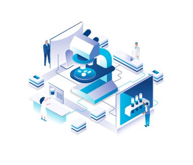 Tıbbi izometrik iniş sayfası. İlaç kavramı, küçük insanlarla yapılan ilaç araştırmaları ya da laboratuvarda dev mikroskop etrafında ilaçlarla ya da tıpla çalışan sağlık görevlileri. Web sitesi için resim.