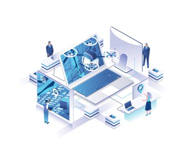 İnternet İHA teslimat servisi izometrik iniş sayfası. Dev dizüstü bilgisayarın etrafında harita ve paket eşliğinde dörtgen üzerinde çalışan küçük insanlarla kavram. Web sitesi için resim.