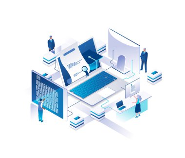 Çevrimiçi eğitim izometrik iniş sayfası. Mezuniyet şapkalı dev dizüstü bilgisayarın etrafındaki küçük insanlarla internet üzerinden üniversite veya üniversite diploması alma kavramı. Web sitesi için resim.