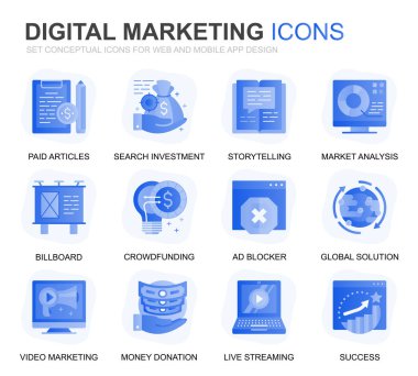Web Sitesi ve Mobil Uygulamalar için Modern Set İş ve Pazarlama Gradyan Düz Simgeler. Dijital Strateji, Küresel Çözüm, Pazar gibi simgeler içerir. Kavramsal renk düz simgesi. Vektör piktogram paketi.