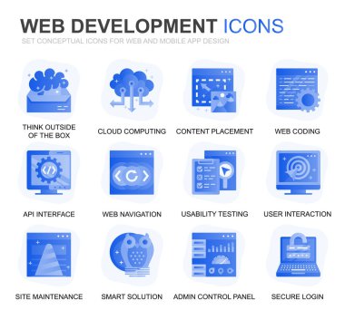 Web Sitesi ve Mobil Uygulamalar için Modern Set Web Disign ve Geliştirme Gradyan Düz Simgeler. Kodlama, Uygulama Geliştirme, Kullanılabilirlik gibi simgeler içerir. Kavramsal renk düz simgesi. Vektör piktogram paketi.