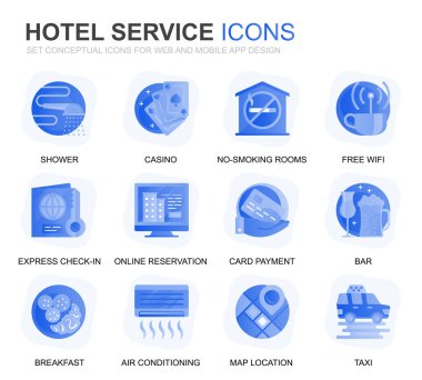 Web Sitesi ve Mobil Uygulamalar için Modern Set Otel Hizmetleri Gradient Flat Simgeler. Bagaj, Resepsiyon, Oda Hizmetleri, Fitness Merkezi gibi simgeler içerir. Kavramsal renk düz simgesi. Vektör piktogram paketi.
