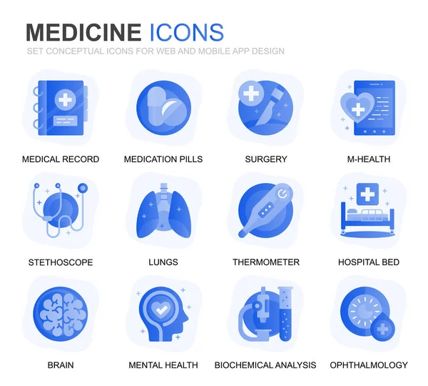 现代设置医疗保健和医疗梯度平面图标的网站和移动应用程序 包含诸如医生 医疗设备等图标 概念颜色平面图标 矢量象形图包 — 图库矢量图片
