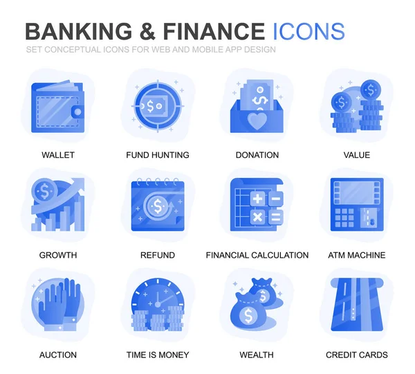 Moderne Set Banking Und Finanzgradienten Flache Symbole Für Website Und — Stockvektor