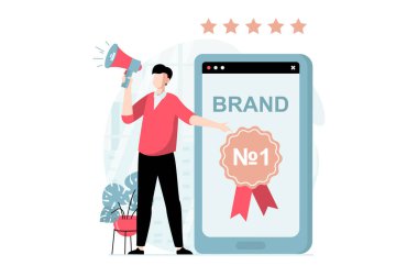 Düz tasarımla markalaştırma ekibi konsepti. Megafonlu bir adam yeni markayı tanıtıyor ve mobil uygulamalarda reklam kampanyası yapıyor. Web için karakter durumu olan vektör illüstrasyonu