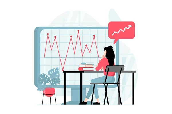 平面设计中的人员场景数据分析概念 妇女从事图表工作 研究市场趋势 进行公司审计和财务报告 具有Web字符情况的向量说明 — 图库矢量图片