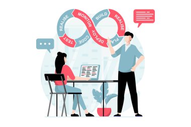 DevOps konsepti, düz dizaynlı insanlar sahnesi. Projede çalışan programcılar, iş akışını optimize etmek, süreçleri otomatikleştirmek ve izlemek. Web için karakter durumu olan vektör illüstrasyonu