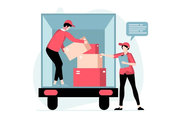 フラットデザインで人々のシーンとデリバリーサービスの概念 トラックを卸し 郵便箱を保持する人 倉庫労働者は新しい小包を受け入れる ウェブのための文字の状況とベクターイラスト — ストックベクタ