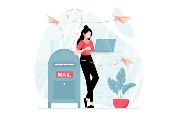Email Service Concept People Scene Flat Design Woman Makes Advertising — Stock Vector