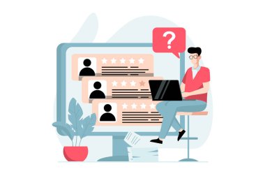 Employee hiring process concept with people scene in flat design. HR manager reviews resumes online and selects best applicants using laptop. Vector illustration with character situation for web clipart