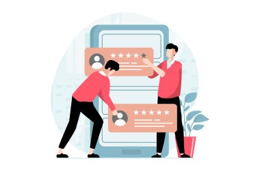 Düz tasarımda insanların sahne aldığı geri bildirim sayfası konsepti. Erkekler yüksek yıldız reytingleri ve cep telefonu kullanarak müşteri deneyimleriyle yorumlar yazarlar. Web için karakter durumu olan vektör illüstrasyonu