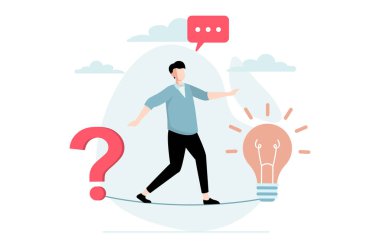 Düz dizaynlı insanların olduğu bir çözüm bulmak. Sorulardan yeni fikirlere, beyin fırtınalarına ve problemleri düşünmeye sıkı sıkıya yürüyen bir adam. Web için karakter durumu olan vektör illüstrasyonu