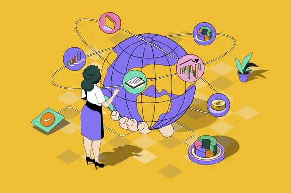 Глобальна Бізнес Концепція Ізометричному Дизайні Жінка Працює Розвиває Міжнародну Компанію — стоковий вектор