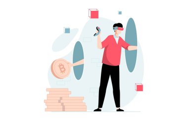 Düz dizaynlı insanların meta-zıt konsepti. Sanal gerçeklikle etkileşime giren VR kulaklık takan adam kripto para birimiyle işlem yapıyor. Web için karakter durumu olan vektör illüstrasyonu