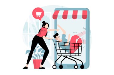 Düz dizaynlı insanların olduğu mobil ticaret konsepti. Kadın ve erkek süpermarketten online alışveriş yapar ve mobil uygulamadan yiyecek sipariş eder. Web için karakter durumu olan vektör illüstrasyonu
