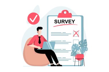 Çevrimiçi araştırma konsepti. Düz dizaynlı insanlar sahnesi. İnsan pazarlama araştırmasına katılır ve soruları dijital ankette cevaplar. Web için karakter durumu olan vektör illüstrasyonu