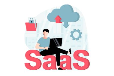 SaaS konsepti, düz dizaynlı insanlar sahnesi. Dosya değişimi, veri yükleme, indirme ve yazılım aboneliği ile çalışan bir adam. Web için karakter durumu olan vektör illüstrasyonu