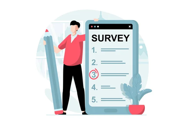 Online Survey Concept People Scene Flat Design Man Marking Answers — Stock Vector