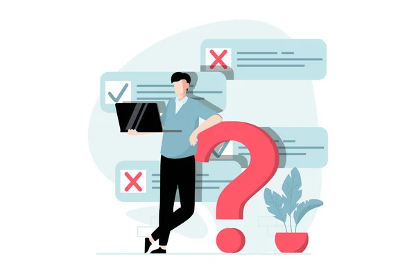 Online Survey Concept People Scene Flat Design Man Thinking Test — Stock Vector