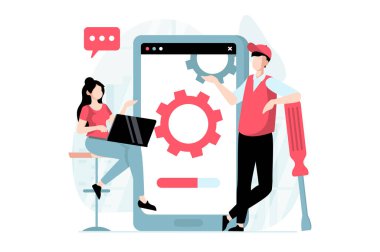 Düz dizaynlı insanların sunucu bakımı konsepti. Teknoloji bölümünde çalışan erkek ve kadın cep telefonları için destek yazılımı. Web için karakter durumu olan vektör illüstrasyonu