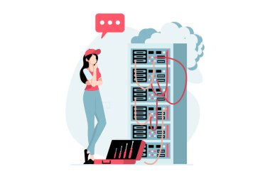 Düz dizaynlı insanların sunucu bakımı konsepti. Sunucu rafındaki kadın, kabloları ve optimizasyon bilgisayar sistemlerini tamir ediyor. Web için karakter durumu olan vektör illüstrasyonu