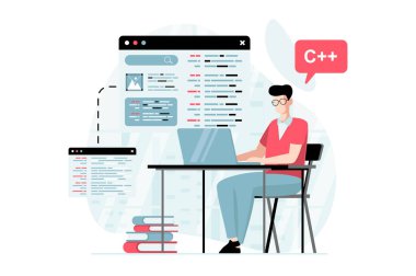 Düz dizaynlı insanların olduğu yazılım geliştirme konsepti. İnsan programlama ve kod oluşturma, sitenin düzenini doldurma ve hataları düzeltme. Web için karakter durumu olan vektör illüstrasyonu