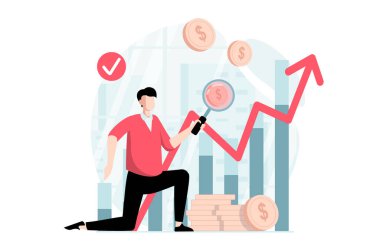 Düz dizaynlı insanların olduğu borsa konsepti. İnsan başarılı bir para yatırımı stratejisi yaratır ve finansal gelirini geliştirir. Web için karakter durumu olan vektör illüstrasyonu