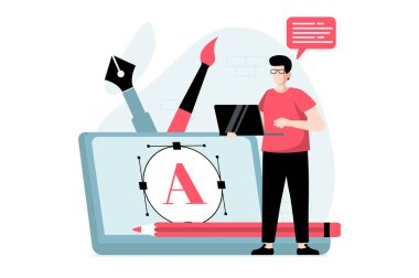 UI ve UX tasarım konsepti. İnsanlar düz bir şekilde sahne alıyor. Ressam siteyi doldurmak için grafik içeriği geliştirir, çizim araçlarıyla çalışır. Web için karakter durumu olan vektör illüstrasyonu