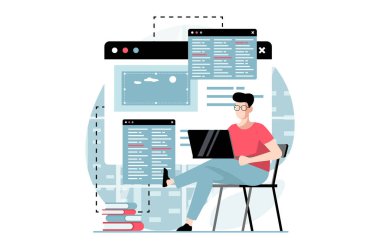 Düz dizaynlı insanların olduğu web geliştirme konsepti. İnsan programlama ve yazma kodu, hataları test eder ve düzeltir, farklı ekranlarda çalışır. Web için karakter durumu olan vektör illüstrasyonu