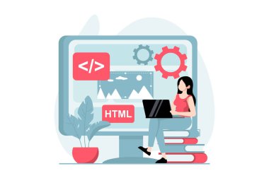 Düz dizaynlı insanların olduğu web geliştirme konsepti. Kadın program kodu geliştiriyor, düzen yaratıyor, senaryo kullanıyor ve optimize ediyor. Web için karakter durumu olan vektör illüstrasyonu