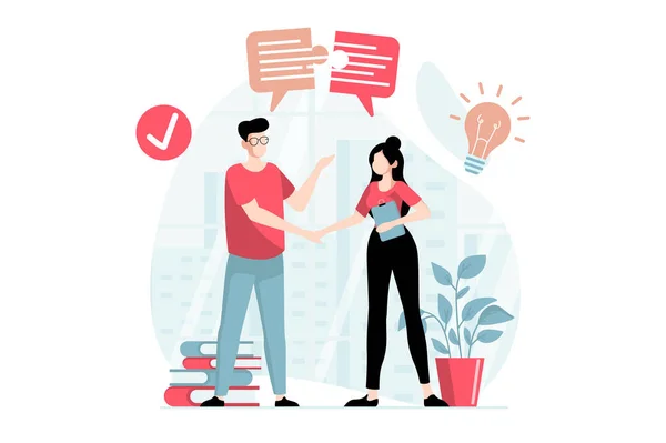 stock vector Teamwork concept with people scene in flat design. Man and woman shake hands and make deal, collaborate on project, agree on business partnership. Vector illustration with character situation for web