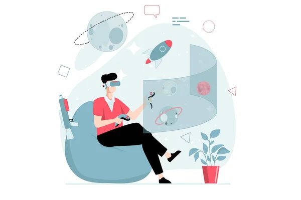 Conceptul Realitate Virtuală Oameni Scena Design Plat Omul Ochelari Învață — Vector de stoc