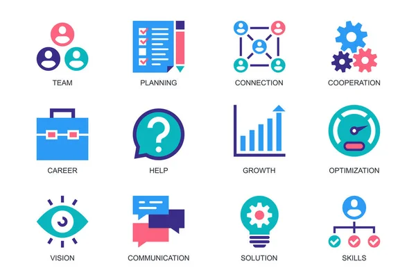 stock vector Teamwork concept of web icons set in simple flat design. Pack of team, planning, connection, cooperation, career, help, growth, optimization, vision, solution, skills. Vector pictograms for mobile app