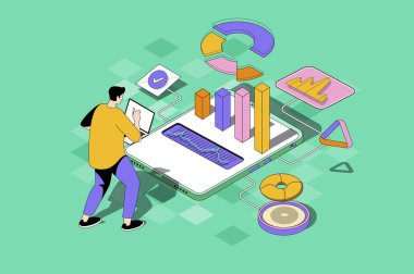 Üç boyutlu izometrik dizaynlı iş istatistikleri konsepti. Grafik ve grafiklerdeki verileri analiz eden, mobil uygulama kullanarak araştırma ve muhasebe yapan bir adam. İnsanların izometri sahnesiyle Web illüstrasyonu
