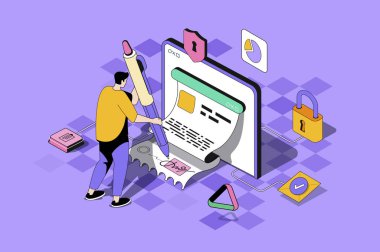 Elektronik sözleşmeli web konsepti 3 boyutlu izometrik tasarım. Adam akıllı telefon ya da dizüstü bilgisayarda dijital imzalı yasal belgeleri online olarak imzalıyor. İnsanların izometri sahnesiyle Web illüstrasyonu