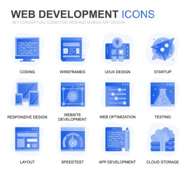 Web Sitesi ve Mobil Uygulamalar için Modern Set Web Disign ve Geliştirme Gradyan Düz Simgeler. Kodlama, Uygulama Geliştirme, Kullanılabilirlik gibi simgeler içerir. Kavramsal renk düz simgesi. Vektör piktogram paketi.