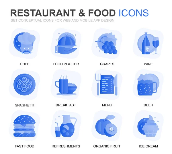 现代设置餐厅和食物梯度平面图标的网站和移动应用程序 包含快餐 有机水果 咖啡吧等图标 概念颜色平面图标 矢量象形图包 — 图库矢量图片