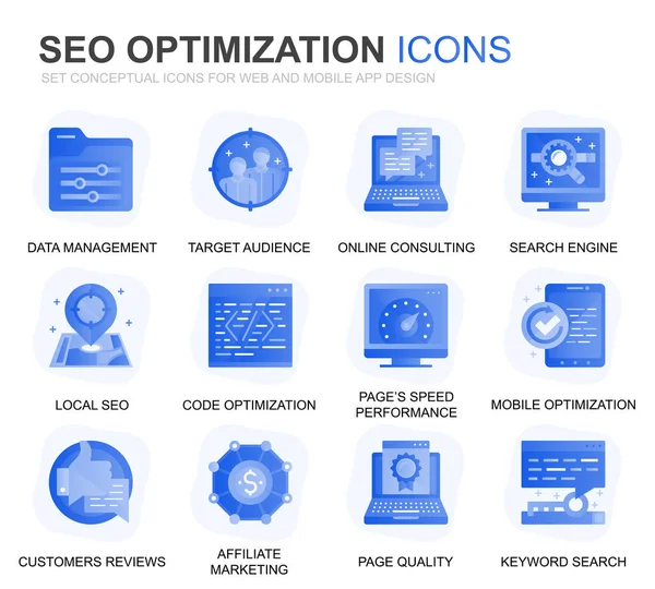 stock vector Modern Set Seo and Web Optimization Gradient Flat Icons for Website and Mobile Apps. Contains such Icons as Target, Marketing, Traffic Growth. Conceptual color flat icon. Vector pictogram pack.