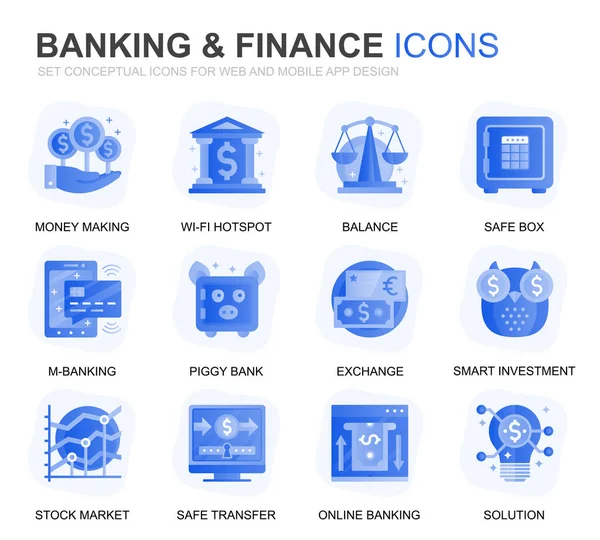 Moderne Set Banking Und Finanzgradienten Flache Symbole Für Website Und — Stockvektor