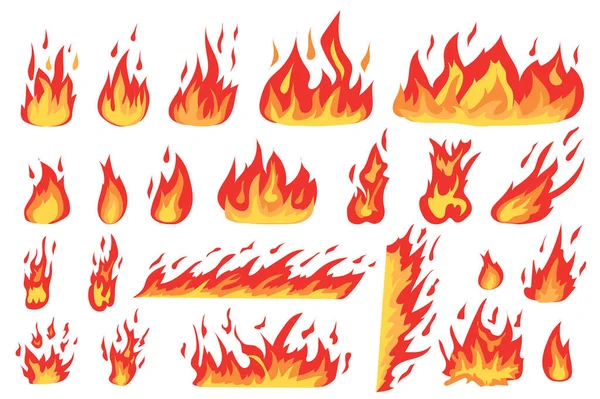 漫画のデザインに設定された燃焼火災 赤とオレンジの色でさまざまな種類の炎の効果のバンドル 火の玉 野火の境界線 たき火の他の孤立したフラット要素 ベクターイラスト — ストックベクタ