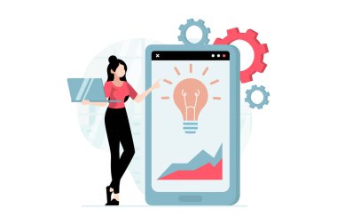 Düz tasarımda insanların sahne aldığı veri bilimi konsepti. Mobil uygulama kullanarak istatistik çizelgeleriyle çalışan bir kadın yeni fikirler ve çözümler üretiyor. Web için karakter durumuyla illüstrasyon