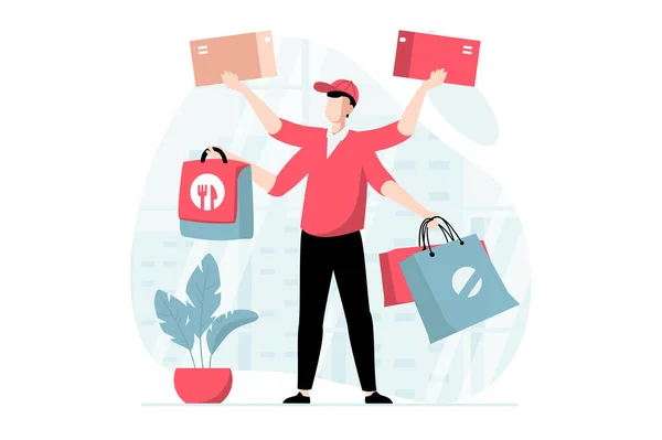 Delivery service concept with people scene in flat design. Man working as courier delivering parcels on box and shipping food in bag to clients. Illustration with character situation for web