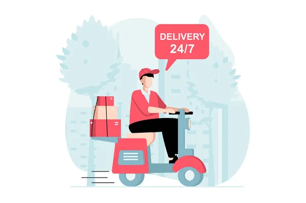 送递服务的理念与人的场景在平面设计中 男人是信使 骑摩托车 给顾客送包裹和箱子 说明网页的字符情况 — 图库照片