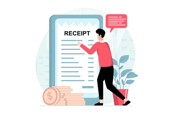 Electronic receipt concept with people scene in flat design. Man receives digital invoice and paying online using mobile banking application. Illustration with character situation for web