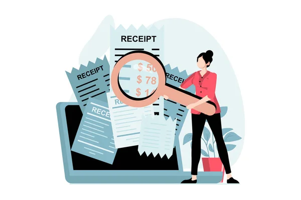 Electronic receipt concept with people scene in flat design. Woman receives digital invoice with taxes and bills for payment and paying at laptop. Illustration with character situation for web