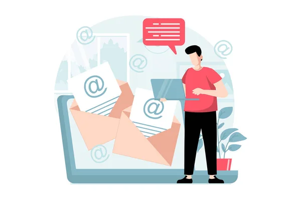 Email service concept with people scene in flat design. Man receiving lot of letters from online contacts and answering using mail client app. Illustration with character situation for web